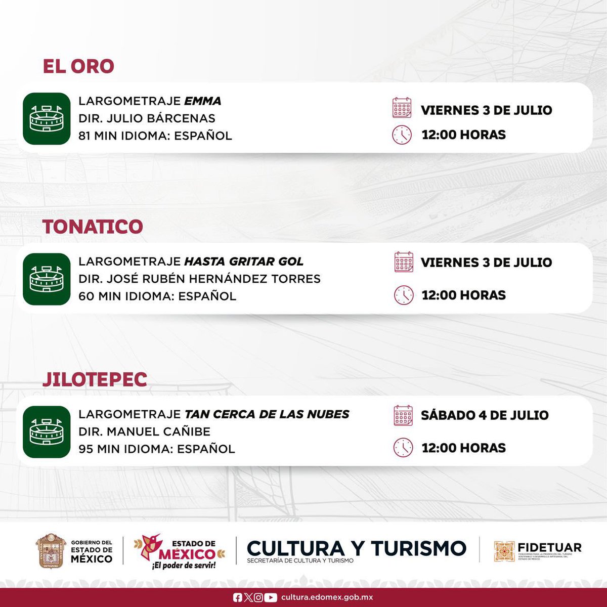 horacioduarteo's tweet photo. Excelente tarde de sábado 👋🏼

Les comparto la programación de películas que, en colaboración con la @CinetecaEdomex y el @imcine, se estarán transmitiendo en los siguientes #DestinosFutboleros: 

📍El Oro, Tonatico, Jilotepec, Metepec, Aculco, San Martín de las Pirámides, Tepotzotlán e Ixtapan de la Sal. 

⚽️ En el #EstadioDeMéxico, continuamos viviendo la pasión por el #Mundial2026.