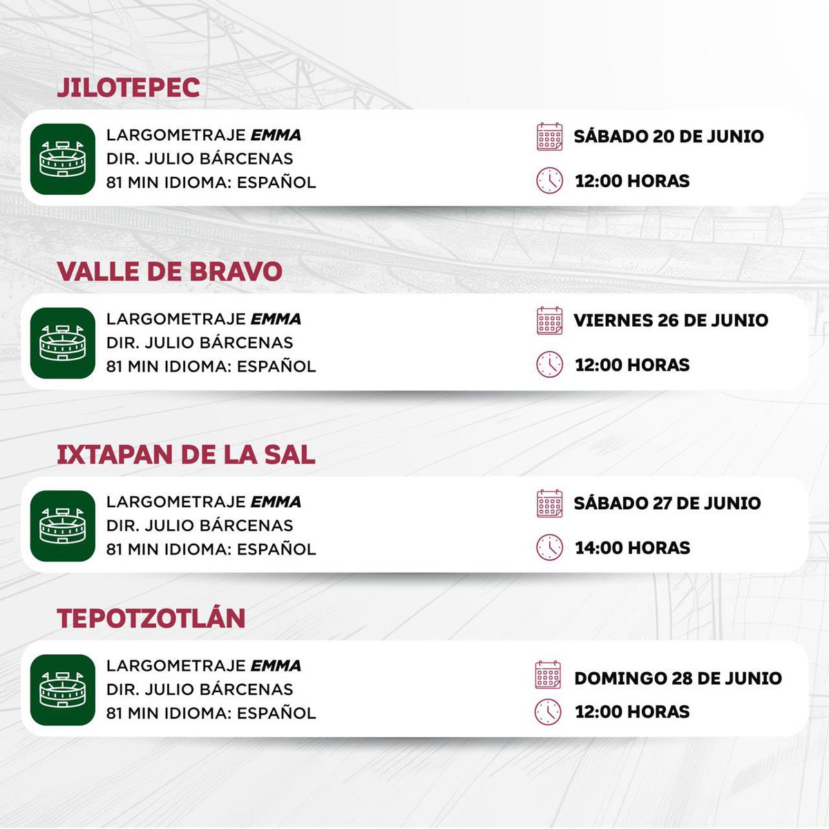 horacioduarteo's tweet photo. Excelente tarde de sábado 👋🏼

Les comparto la programación de películas que, en colaboración con la @CinetecaEdomex y el @imcine, se estarán transmitiendo en los siguientes #DestinosFutboleros: 

📍El Oro, Tonatico, Jilotepec, Metepec, Aculco, San Martín de las Pirámides, Tepotzotlán e Ixtapan de la Sal. 

⚽️ En el #EstadioDeMéxico, continuamos viviendo la pasión por el #Mundial2026.