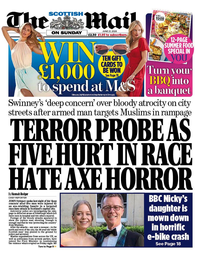 MailOnlineScot's tweet photo. Swinney’s ‘deep concern’ over bloody atrocity on city streets after armed man targets Muslims in rampage 
TERROR PROBE AS FIVE HURT IN RACE HATE AXE HORROR

🗞️ Tomorrow's Scottish Mail on Sunday front page: #TomorrowsPapersToday #scotpapers 👉️ Read more on #mailonline https://t.co/JaY00TJQRW