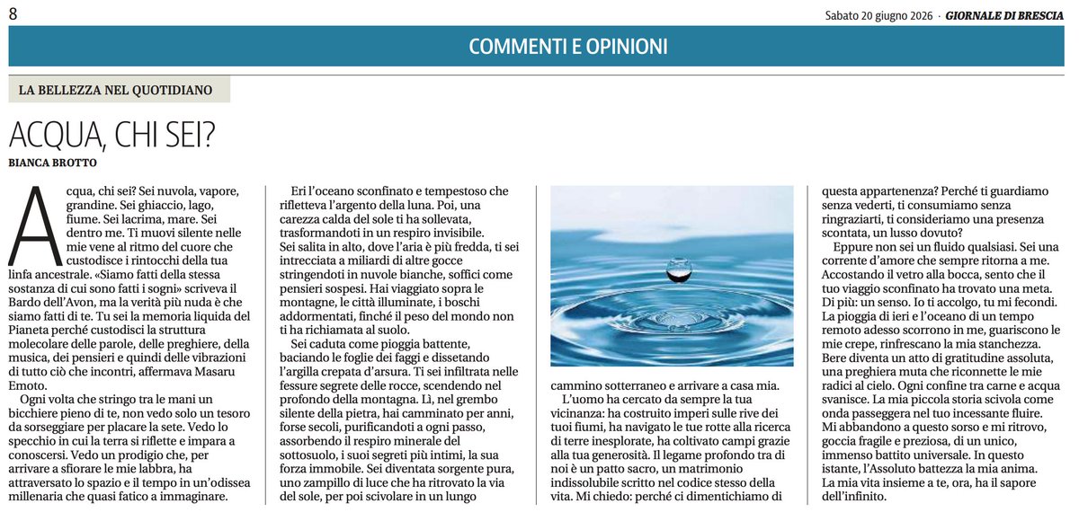 BiancaBrotto's tweet photo. ACQUA, CHI SEI?
Giornale di Brescia, 20 giugno 2026
https://t.co/7PONrvo2hn https://t.co/RU4L5hA1so