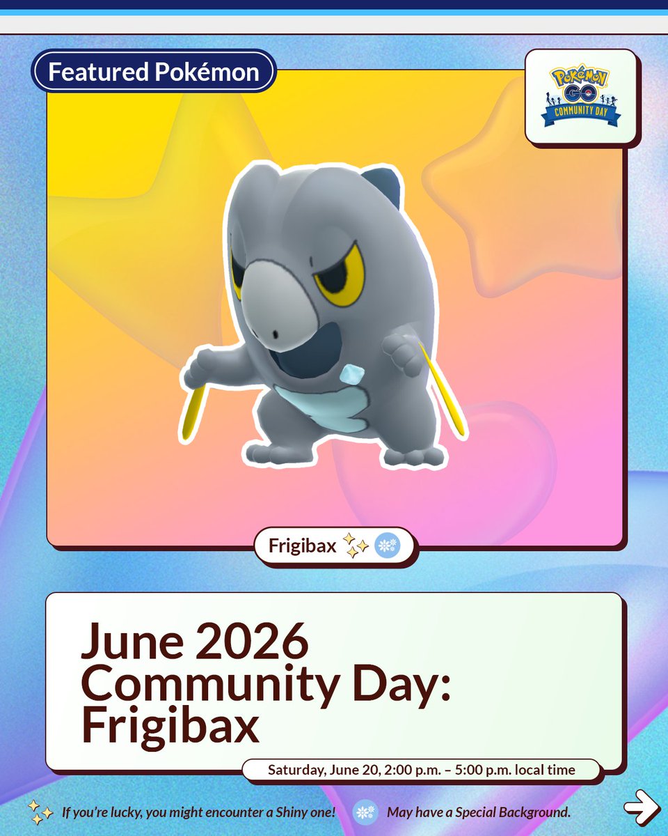 PokemonGoApp's tweet photo. Trainers, can you feel that icy chill? ❄️

Frigibax has arrived, and June Community Day has already begun in communities around the world in #PokemonGO!

Let’s GO! 🤩 https://t.co/eUy3oW51fL