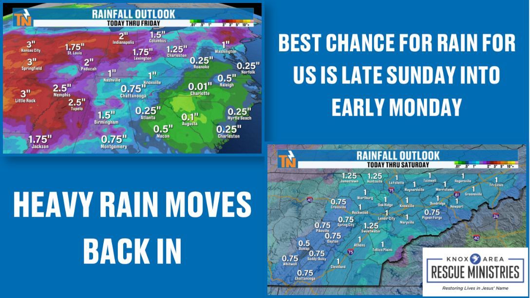 MikeWitcherTV's tweet photo. Remember that much needed rain moves in late Sunday and through  the day on Monday. While we'll likely have some afternoon storms Tuesday through Friday of next week, it won't be as widespread as Monday . Likely just after noon summer storms.

@KnoxMission @KARMStores
Knox Area Rescue Ministries is a Christ-centered nonprofit dedicated to serving the homeless and vulnerable in the Knoxville area. Through shelter, meals, recovery programs, and supportive services, KARM works to restore lives with compassion, dignity, and hope.