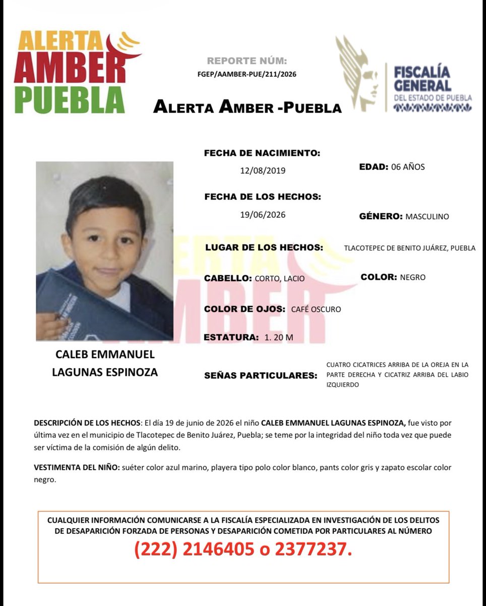 aamber_pue's tweet photo. #AlertaAmber | Solicitamos su apoyo para la búsqueda y localización del niño CALEB EMMANUEL LAGUNAS ESPINOZA, de 6 años de edad.

Fue visto por última vez en el municipio de Tlacotepec de Benito Juárez, Puebla. https://t.co/QKA6mQHidK