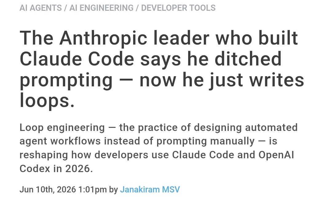 AlanDaitch's tweet photo. El director de Claude Code acaba de decir que ya no le escribe prompts a Claude: que su trabajo, hoy, es escribir loops.

Suena raro, porque durante los últimos años la habilidad más cotizada en IA era justamente esa, promptear bien. El tema es que eso te deja atado al ida y vuelta: le pedís algo, te contesta, lo corregís, le volvés a pedir, y te pasás el día llevando de la mano al agente. Por eso, ahora la habilidad es otra: la ingeniería de loops.

Un loop es un sistema que promptea al agente por vos. Le das un solo objetivo y se arregla solo: busca lo que hay que hacer, lo hace, lo revisa, se acuerda de lo que ya terminó y vuelve a arrancar hasta que la cosa está realmente lista. Es la diferencia entre pararte al lado de un empleado dictándole cada paso y darle el objetivo para que se arregle solo.

Todo esto se arma adentro de Claude Code con cinco piezas:

1) La automatización, para que arranque solo y no cuando vos apretás el botón, como el lavavajillas que se enciende de noche sin que estés ahí.

2) Los worktrees, que son varios agentes trabajando a la vez sin chocarse, cada uno en su propio territorio en lugar de pelearse por el mismo pedacito.

3) Las skills, para no tener que explicarle tu proyecto desde cero cada vez, como el empleado con antigüedad.

4) Los conectores, las keys y las contraseñas para que toque de verdad tus herramientas, no solo para que hable de ellas.

5) Finalmente, los sub-agentes, porque el que escribe el código no es el mismo que lo revisa y lo corrige, igual que el cocinero nunca debería ser el que le pone la nota a su propio plato.

Armado así, dejás de tener una herramienta que esperás a usar y empezás a tener algo más parecido a un equipo: empleados trabajando para vos las 24 horas. Lo único que no se delega es saber para dónde mandarlos.