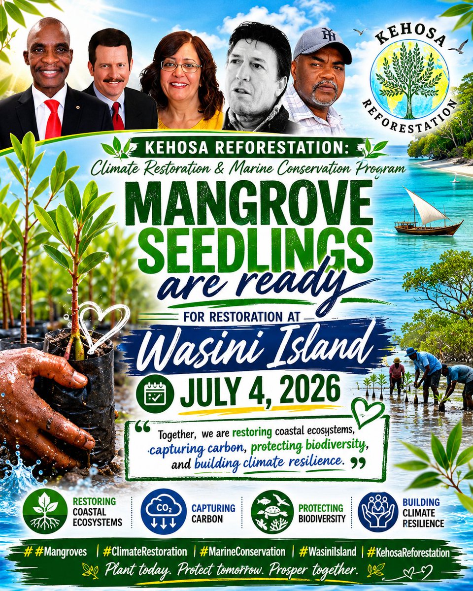 KehosaAfrica's tweet photo. Mangrove restoration at Wasini Island on July 4,2026 under the Kehosa Reforestation:Climate Restoration & Marine Conservation Program.
GET INVOLVED to restore coastal ecosystems, capture carbon,protect biodiversity and build climate resilience.
#Mangroves #KehosaReforestation https://t.co/BdG2Zp63EI