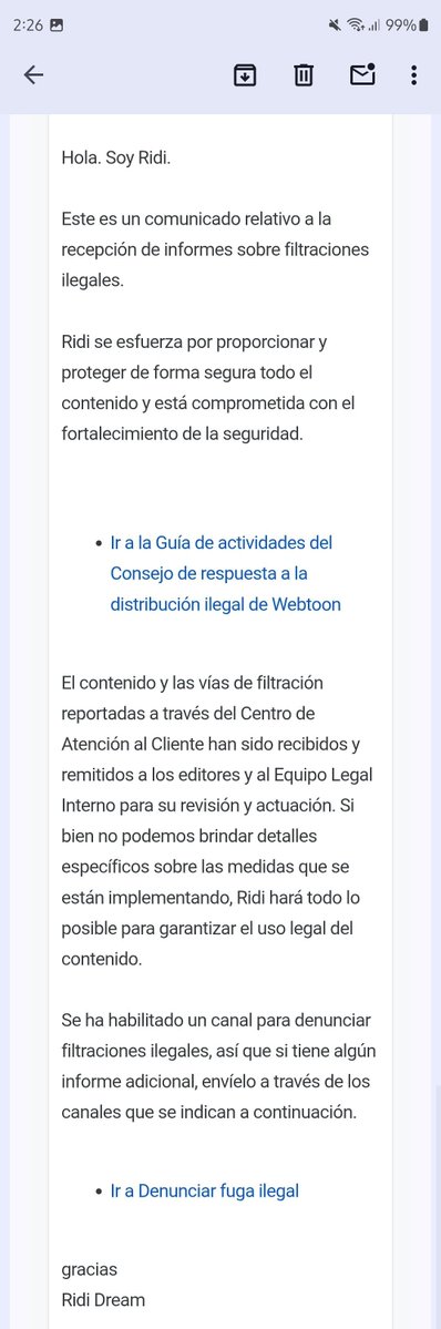 fluearl's tweet photo. ‼️ Información que cura ✨

Amigxs, la vez pasada que estuve reportando sitios ilegales también empecé a hacerlo con plataformas coreanas, porque es igual de importante hacer el reporte con aquellas plataformas.
En el caso de Ridibooks, primero les envié un correo y después me respondieron comentándome que también habilitaron un Google Forms para reportar sitios, grupos y páginas ilegales. Se los dejo aquí abajo. 👇

Los pasos son muy sencillos, pero les recomiendo que antes de hacer el reporte tengan a la mano:
📌 El nombre de la obra en coreano o inglés.
📌 Capturas de pantalla como evidencia (súbanlas previamente a Drive, porque el formulario las solicita mediante el).
📌 Los links del sitio, grupo o página que quieran reportar.
También pueden reportar novelas, no únicamente manhwas, y el formulario tiene una gran variedad de opciones para realizar reportes. Si tienen un ratito, de verdad vale la pena echarle un ojo. 🫶