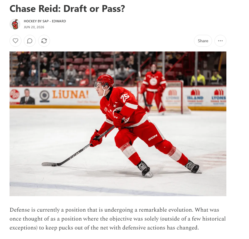 Sapsterr_'s tweet photo. Had too much fun writing about Ivar Stenberg, so I decided to release my next article early.
"Chase Reid: Draft or Pass?" is up on Substack and HockeyBySap dot blog! https://t.co/yMvoD5Xlum