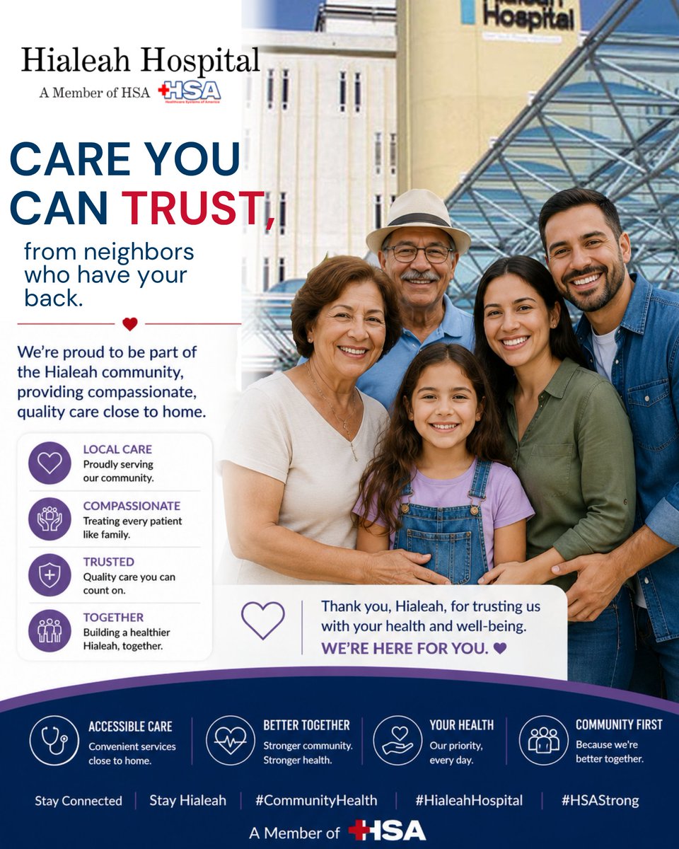 hialeahhospital's tweet photo. Care you can trust starts right here at home.

Hialeah Hospital is honored to stand alongside our community through every stage of life, providing quality healthcare, meaningful connections, and compassionate support when it matters most.
#CommunityHealth #HialeahHospital https://t.co/d0UVOt2NHZ