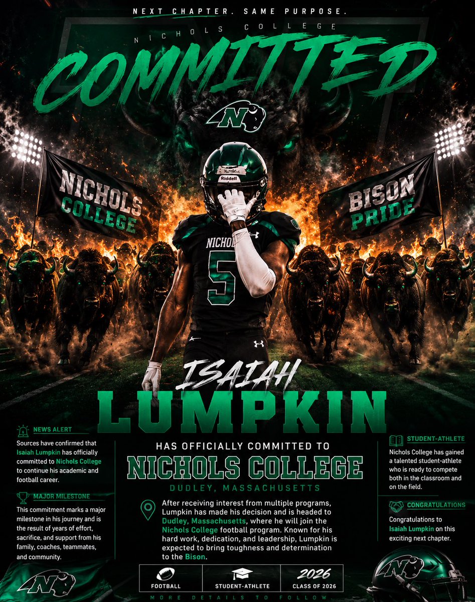 Isaiahlumpkin26's tweet photo. Committed to the next chapter… 🏈
Blessed to announce my commitment to Nichols College.
Thank you to everyone who’s supported me along the way — this is just the beginning. 💯 #Committed #NewChapter #NicholsCollege https://t.co/uskytVgwis