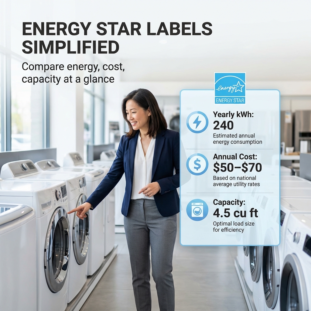SandraHayashi1's tweet photo. Energy Star labels make appliance shopping easy. See energy use, costs, capacity, and kWh at a glance. Compare models, spot why front-loaders outperform, and choose the right size. Get the full guide before you shop: https://t.co/TezaUB8tw5 https://t.co/J0oXv9VPMt