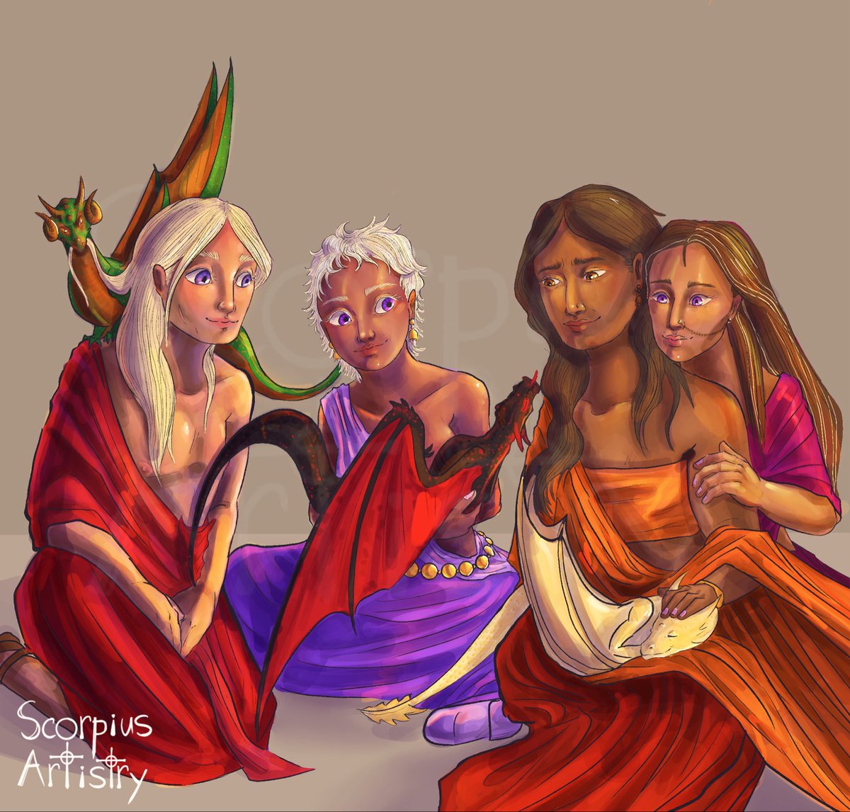 ScorpiousArtie's tweet photo. #EliaWeek2026 Day Four: What could’ve been. 
#DaenerysTargaryen #EliaMartell #RhaenysTargaryen #AegonTargaryen #Drogon #Rhaegal #Viserion #ASOIAF #fanart https://t.co/oWsx1ZFxsV