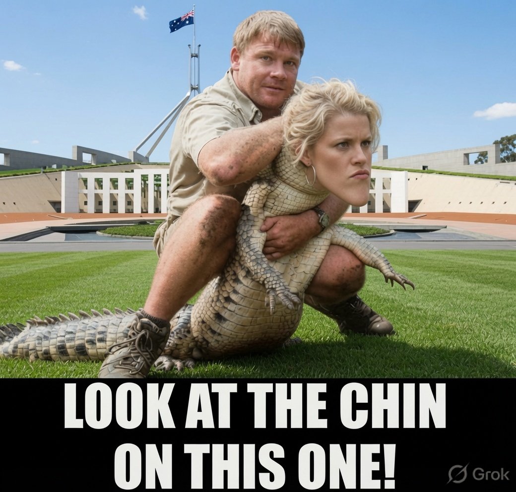 R812199553's tweet photo. Steve Irwin catching a Clare Oneil Crocodile in the Canberra Swamp #ClareOneil #Labor #Auspol #Albolies #canberra #hanson #firetheliar https://t.co/Zc3AMhiN8F