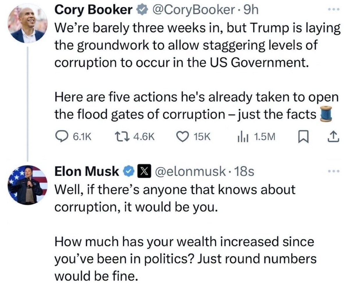 Milajoy's tweet photo. Epic takedown of tool Cory Booker by Elon Musk. https://t.co/LULzHycw1G