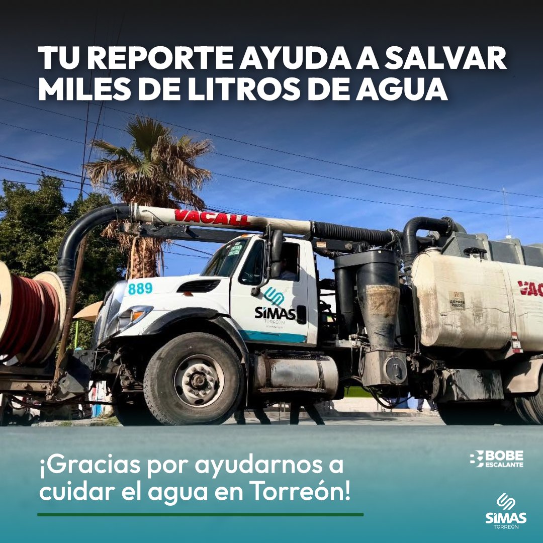 BobeEscalante's tweet photo. ¡El trabajo en equipo da los mejores resultados! 🤝💧 Cada vez que levantas un reporte, te conviertes en el aliado más importante de Torreón.

Gracias a tus alertas ciudadanas, nuestras cuadrillas operativas y camiones Vacall pueden llegar directo al punto crítico para reparar fugas y realizar mantenimiento técnico sin perder tiempo. ¡Tu reporte salva literalmente miles de litros de agua! 🚨🚛✨

La transformación de los servicios públicos la hacemos juntos: tú reportas, nosotros actuamos. Como siempre decimos en SIMAS, ¡gracias por ayudarnos a cuidar el agua en nuestra hermosa ciudad!

¿Tienes algún reporte pendiente en tu colonia? Déjamelo aquí abajo con los datos completos para atenderlo a la brevedad. 👇

#Torreón #CuidadoDelAgua #SIMASTorreon