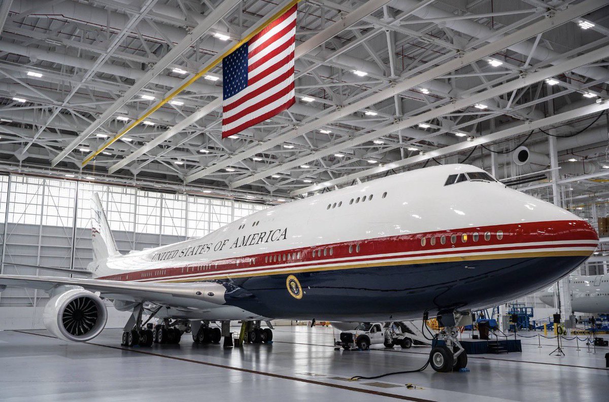 Osint613's tweet photo. The 747 gifted by the Qataris is now Air Force One.

Unveiled Friday at Joint Base Andrews, the Air Force’s new VC-25B Bridge is set to begin operations later this summer. https://t.co/BpZ5W6x7uZ