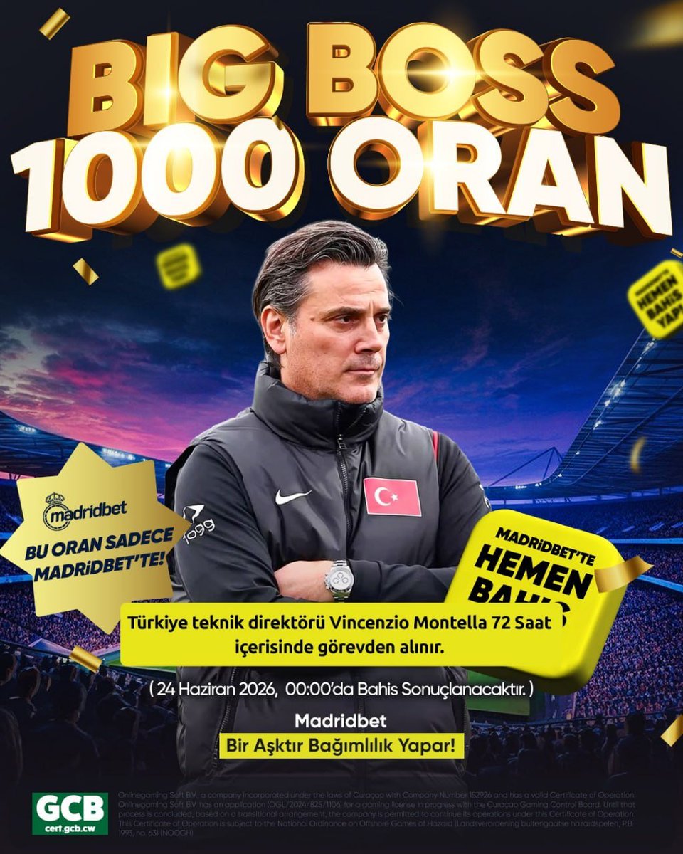 SerhanEsma's tweet photo. #Madridbet’te Big Boss Oran!

Türkiye teknik direktörü Vincenzo Montella 72 içerisinde görevden alınır.

Sonuçlandırma: 24.06.2026 - 00:00
Big Boss oranını hemen değerlendir!

-Güncel Giriş Yorumlarda!
#FileninSultanları #BabalarGünü #TFFistifa https://t.co/reI3hEjFSt