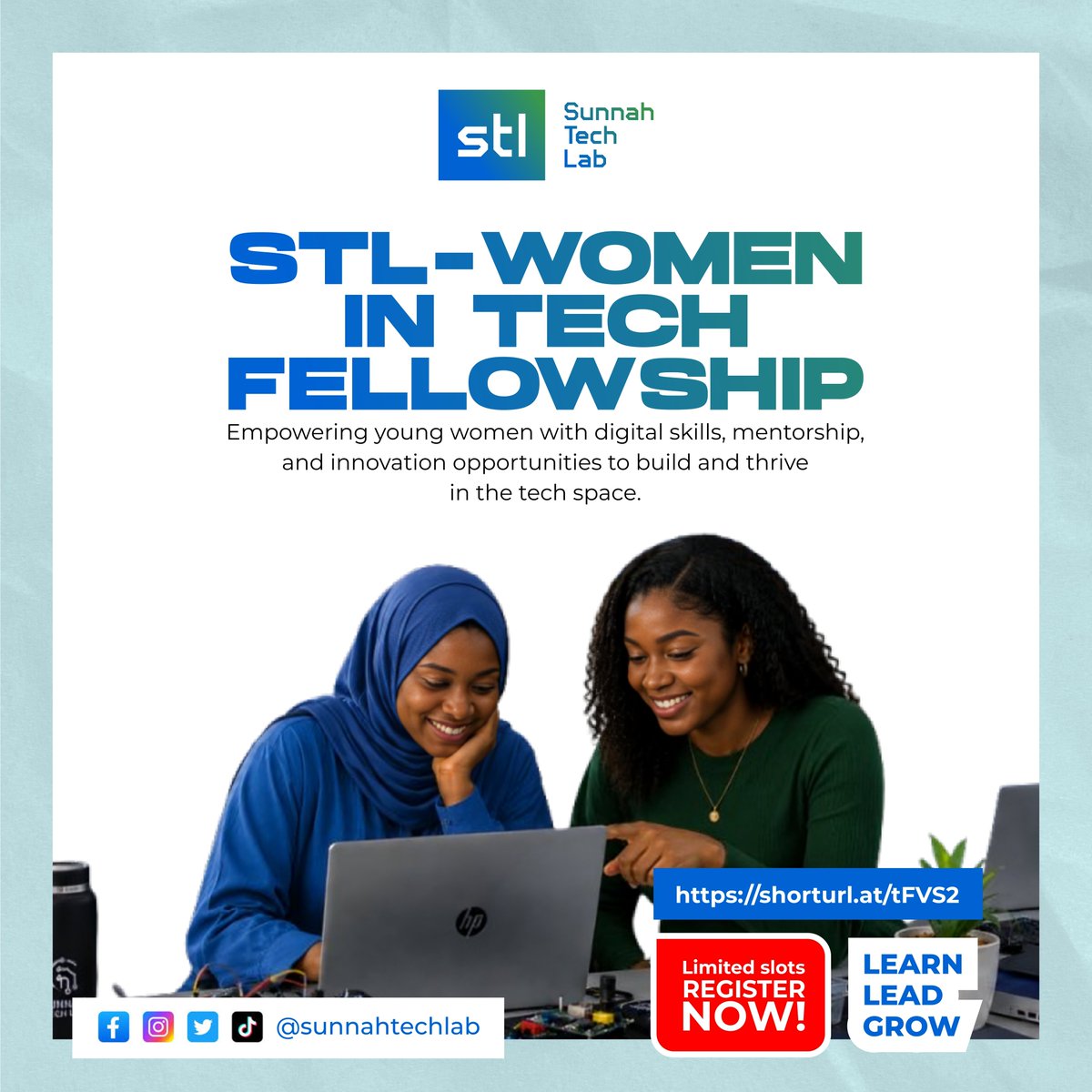 sunnahtechlab's tweet photo. Sunnah Tech Lab – Women in Tech Fellowship is now open.

We’re empowering young women with digital skills, mentorship, and innovation opportunities to build and thrive in the tech space.

Apply now: https://t.co/S79jWw3Aap https://t.co/XuR0bL6acI