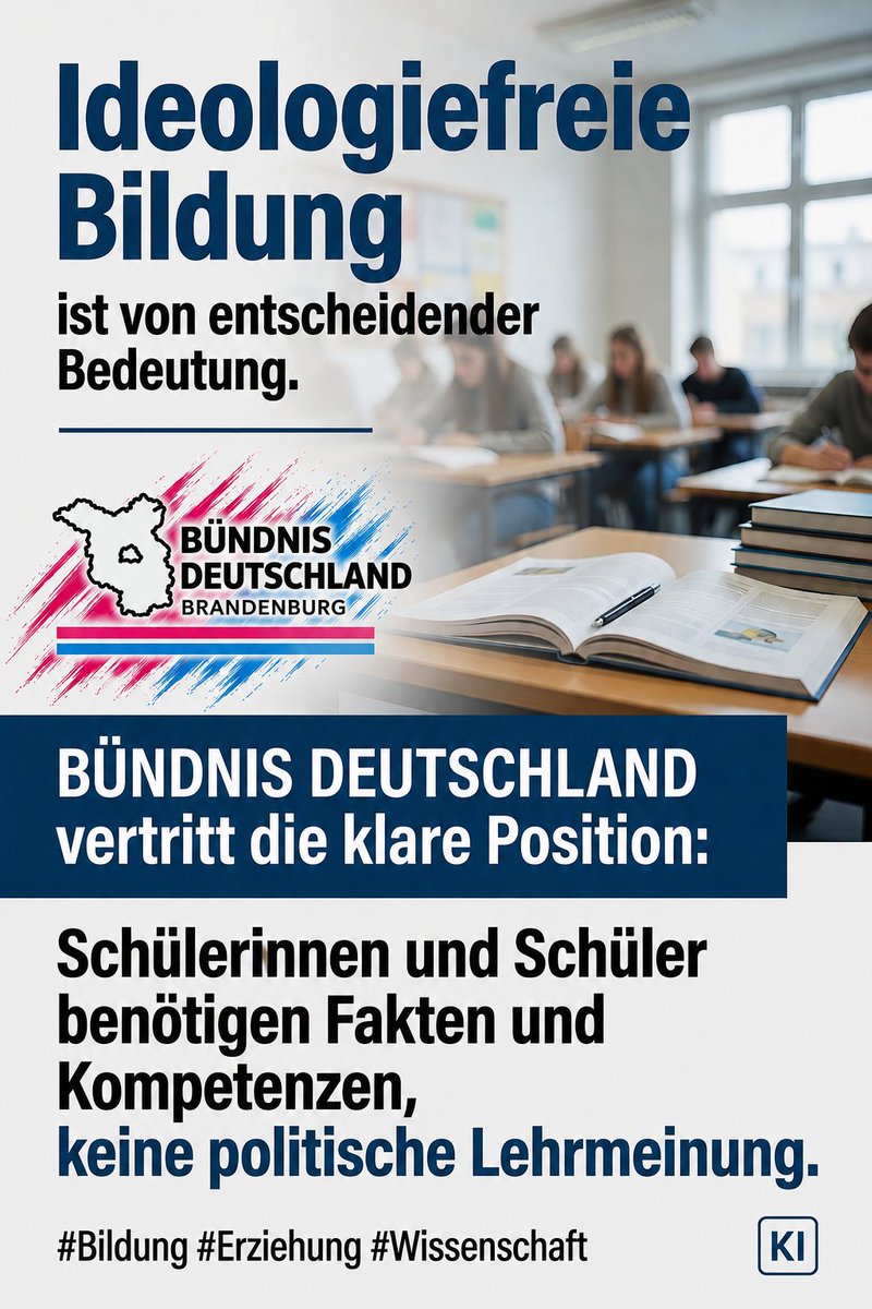BuendnisBB's tweet photo. Ideologiefreie Bildung ist von entscheidender Bedeutung. 

BÜNDNIS DEUTSCHLAND Landesverband Brandenburg vertritt die klare Position: 

Schülerinnen und Schüler benötigen Fakten und Kompetenzen, keine politische Lehrmeinung.

#Bildung #Erziehung #Wissenschaft https://t.co/NqHXxCfuSQ
