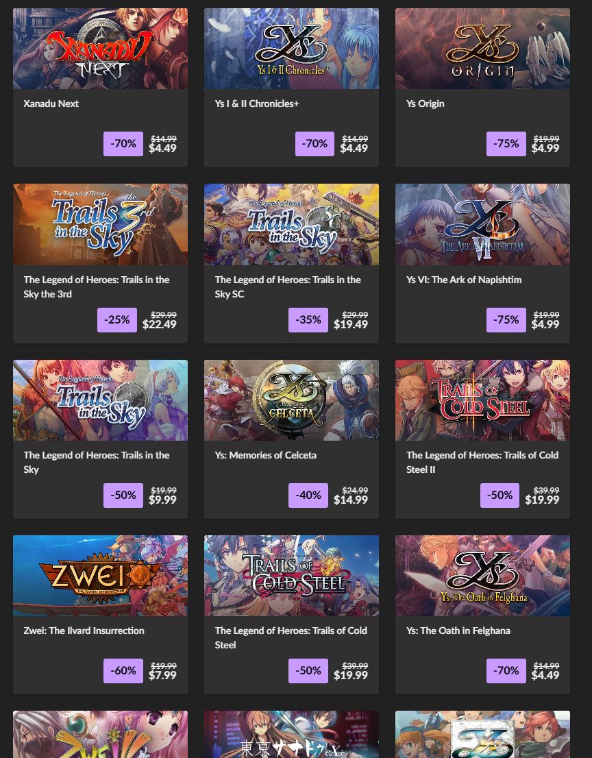 Wario64's tweet photo. Nihon Falcom developer sale on GOG https://t.co/tFhEdj9ozL #ad https://t.co/Q1mPL86jrH
