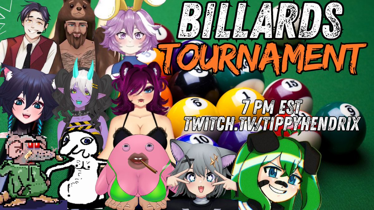 tippyhendrix's tweet photo. SMACKING BALLS INTO HOLES! BILLARDS TOURNAMENT!! tonight 7 pm at https://t.co/zczH2kQYsy with players @KaiyuuKuma @CaesarsVT @xKimical @Daddypaxmysnax @eilucat @pneumoania @Harleyhttv @HoneyX9Y @MorningJazz69 @vtubermale https://t.co/T3CcxqzKJo