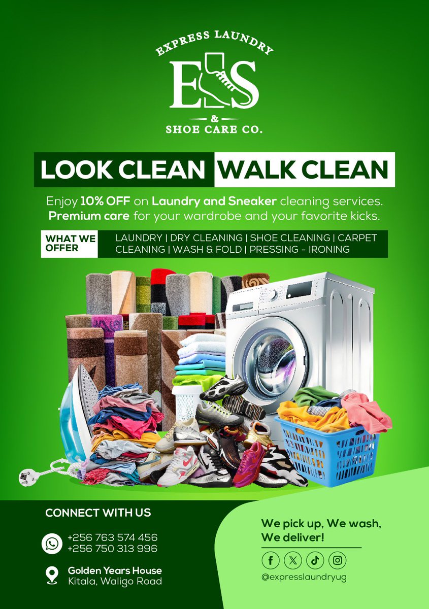 ExpressShoecare's tweet photo. Kampala weekend is calling 👀

That fit you’ve been planning? Let us make sure it’s ready.

🧺 Laundry
👟 Sneaker Cleaning
🧼 Dry Cleaning
🚚 Pickup &amp; Delivery

Get 10% OFF and step into the weekend looking clean, walking clean. ✨

#LookCleanWalkClean #WeekendReady https://t.co/0VXfyTGilb