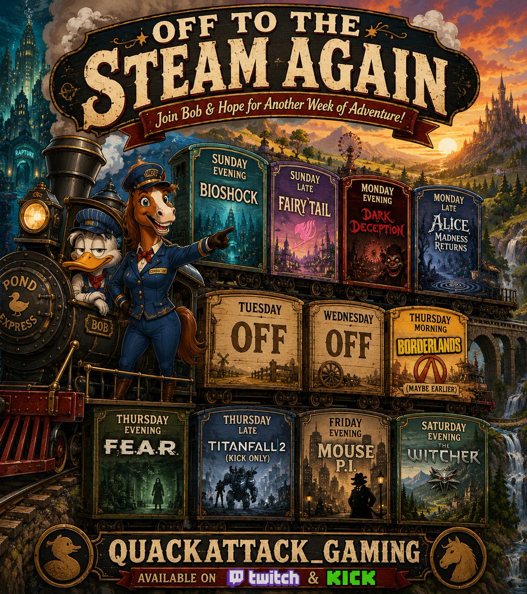 lequack86's tweet photo. ๐๐จ ALL ABOARD!
The Pond Express is leaving the station for another week of gaming adventures!
๐ฎ Bioshock
โจ Fairy Tail
๐ Dark Deception
And MORE
Join us on Twitch & Kick!
#QuackAttackGaming #Gaming #KickStreamer #TwitchStreamer #RetroGaming @Retreats_Home https://t.co/eQczYNa0Kk