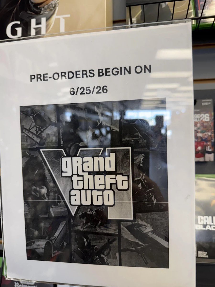 GTASixInfo's tweet photo. GTA 6 Pre-Order Posters are starting to appear at GameStop.

GameStop stores have started putting up GTA 6 pre-order signs in-store ahead of the official June 25 pre-order date. https://t.co/PBUY4LSDLf