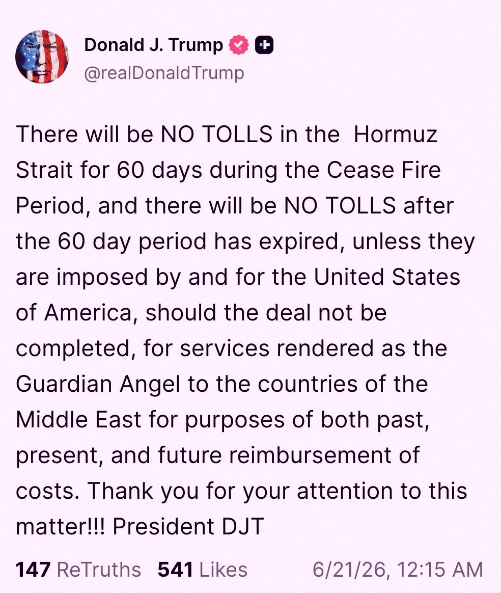 VaGOPgal's tweet photo. 🚨 BIG NEWS:

🇺🇸🇮🇷 TRUMP JUST PUT THIS OUT:

"THE U.S. WILL BE THE ONLY ONE COLLECTING TOLLS IN THE HORMUZ STRAIT"

IRAN SAID THE STRAIT IS SHUT BEFORE THIS

SOMETHING REALLY BAD IS GOING DOWN... https://t.co/B1aXjQfJzK