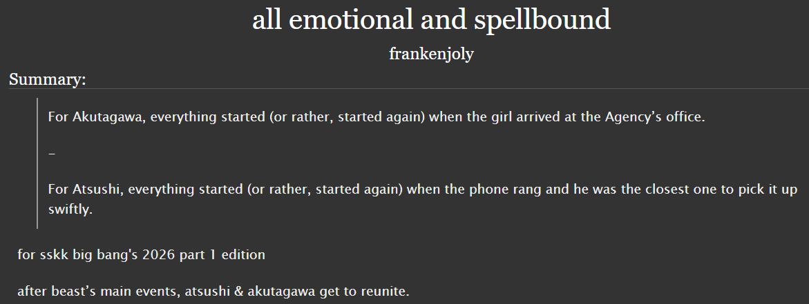 frankenjoly's tweet photo. for @sskkbigbang's 2026 part 1 edition

after beast’s main events, atsushi &amp; akutagawa get to reunite.
#bsd #sskk #sskkbb #sskkbb26 https://t.co/mUcfa0ZSTj