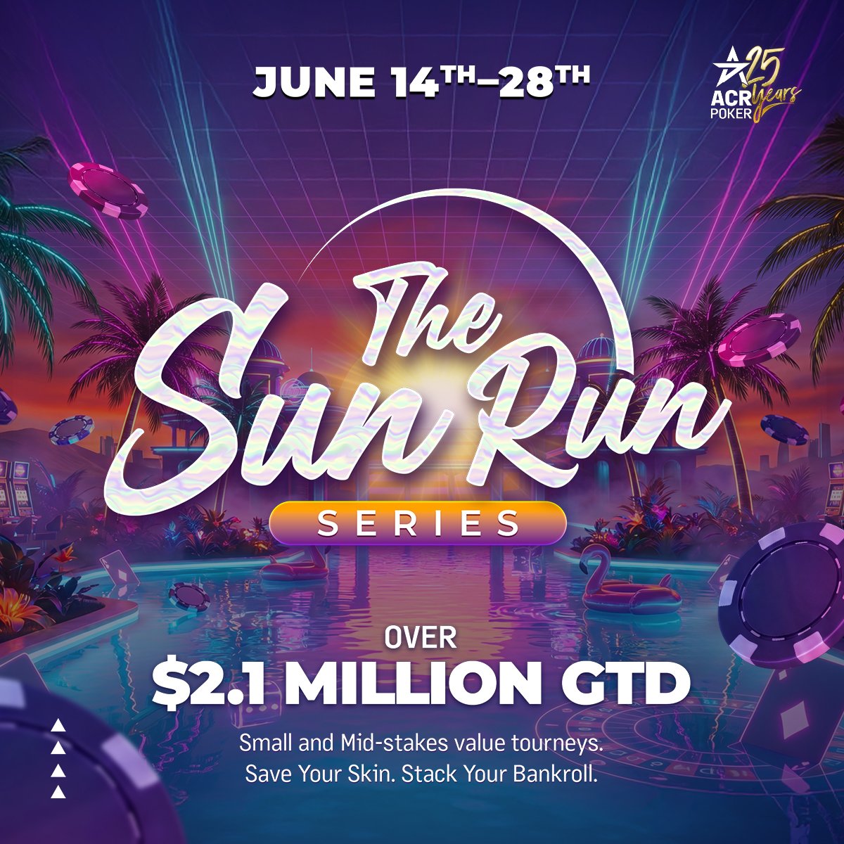 ACR_POKER's tweet photo. 💥 Sundays are BIGGER and Better💥

🌅The $2.1M GTD Sun Run Series is in full swing, small stakes to high stakes theres somthing for everyone! 

ACR Poker wants you in Vegas?🎰✈️

Every Sunday:
💸 $630 Main Event Mega Satellite
🎁 10 packages GTD
💰 Each package valued at $12,500

Qualify for less or buy in directly ... there are plenty of ways to win your seat!

Don't miss the biggest day of the week. 💥
(More details below) 👇