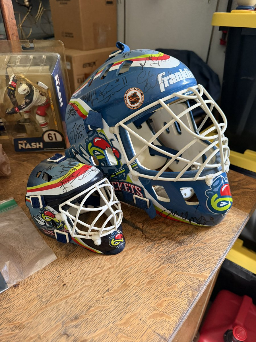meaghanlittlee's tweet photo. Talk about throwback.. Ty’s helmets finally made it from his dads ♥️💙 can anyone guess the era? #CBJ @BlueJacketsNHL https://t.co/tpFhoKbMtT