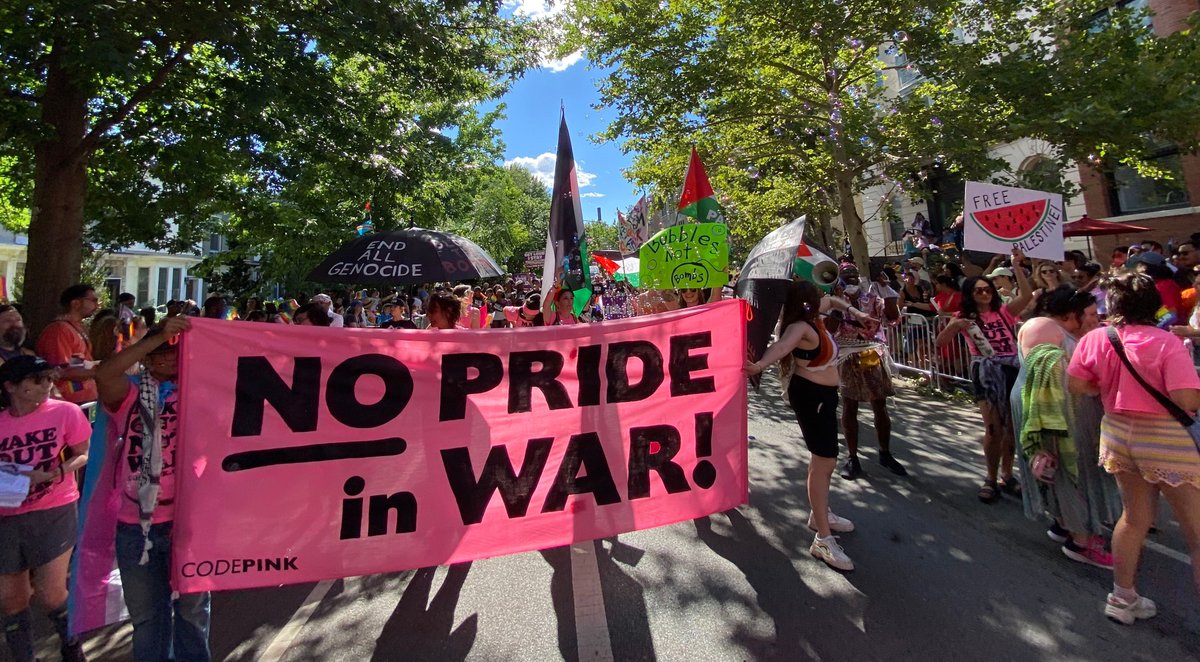 codepink's tweet photo. 💗 NO PRIDE IN WAR 💗 

NOW: We're at Pride in DC bringing our message that queer liberation means demilitarization! https://t.co/tdLSc5IqgQ