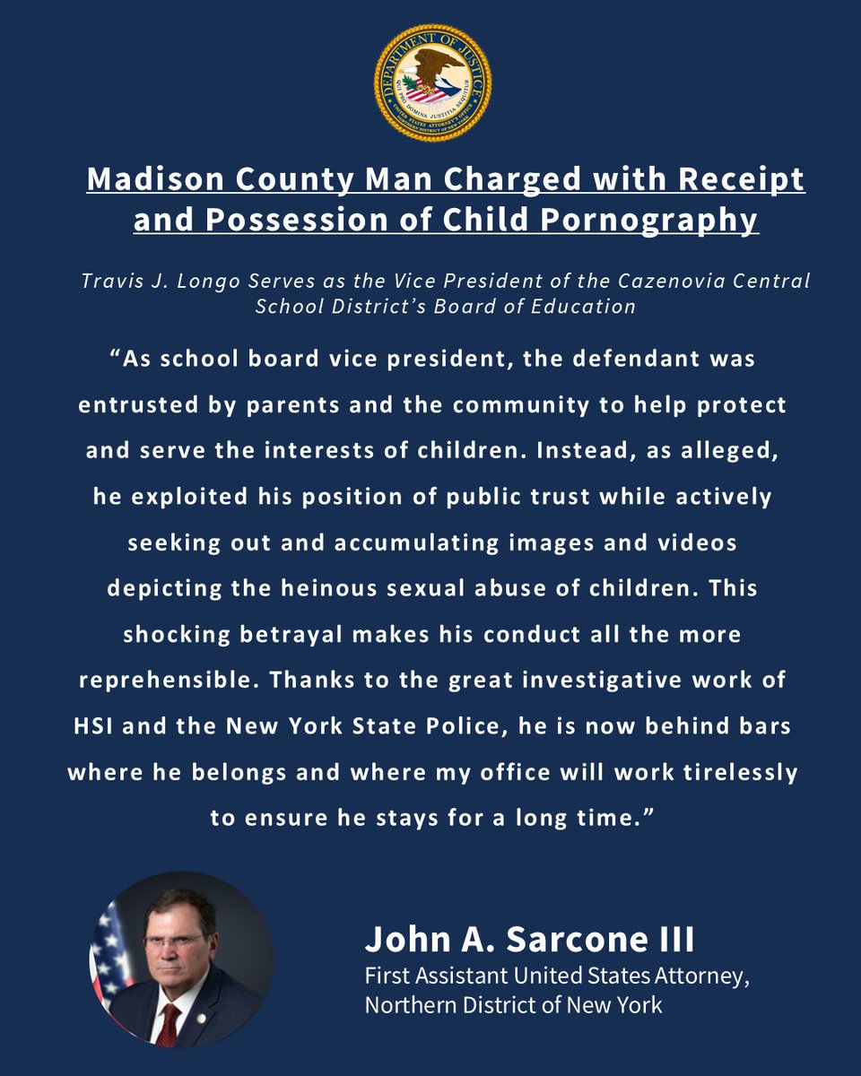 NDNYnews's tweet photo. Madison County Man Charged with Receipt and Possession of Child Pornography:
Travis J. Longo Serves as the Vice President of the Cazenovia Central School District’s Board of Education
https://t.co/klRSh7EhI0