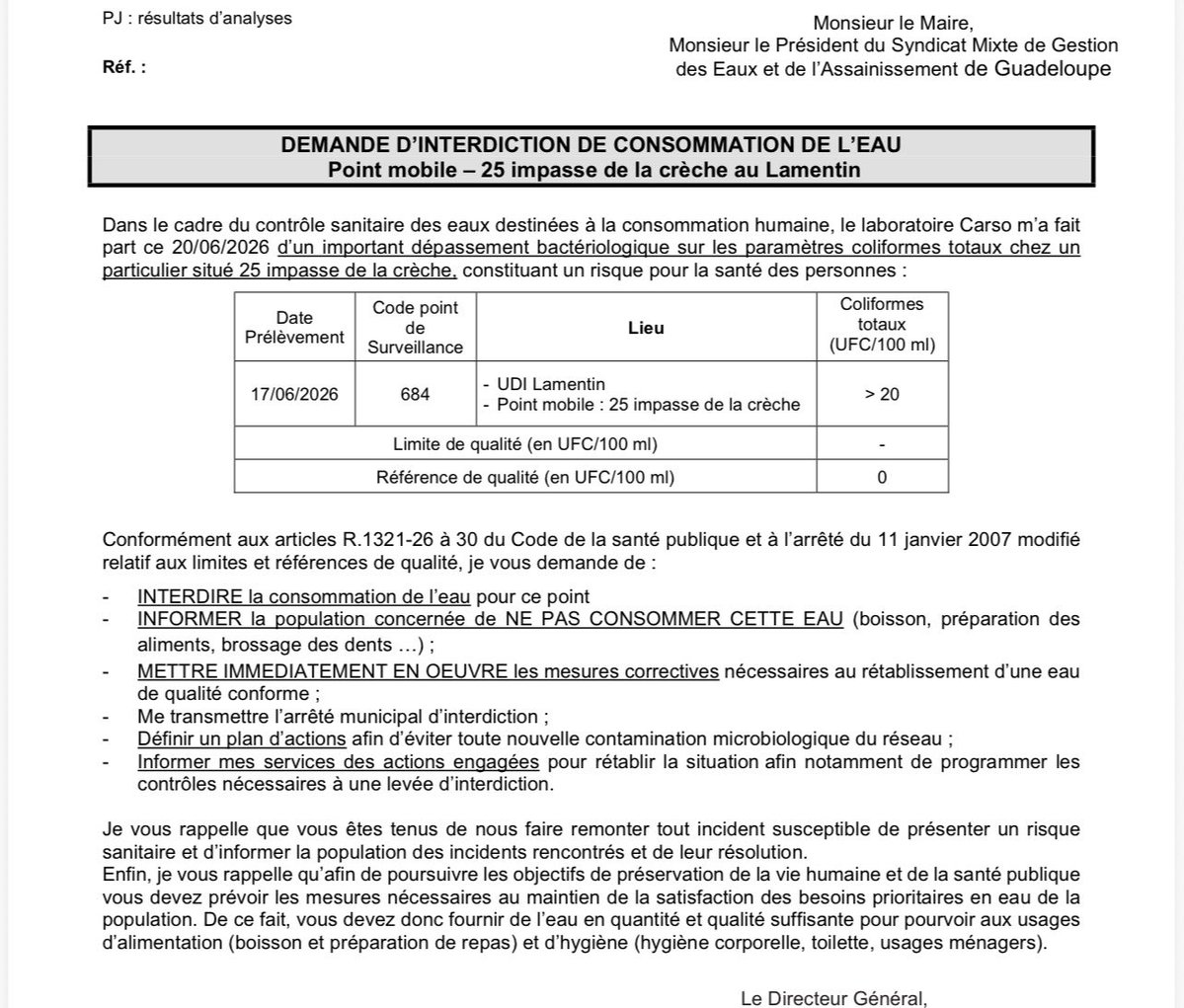StimpflingEric's tweet photo. #Eau🔴🔴🔴
Interdiction de consommer de l’eau sur un point mobile au Lamentin en raison d’une contamination bactériologique…
@guadeloupela1e @ars_guadeloupe https://t.co/NV0fY7yI3I
