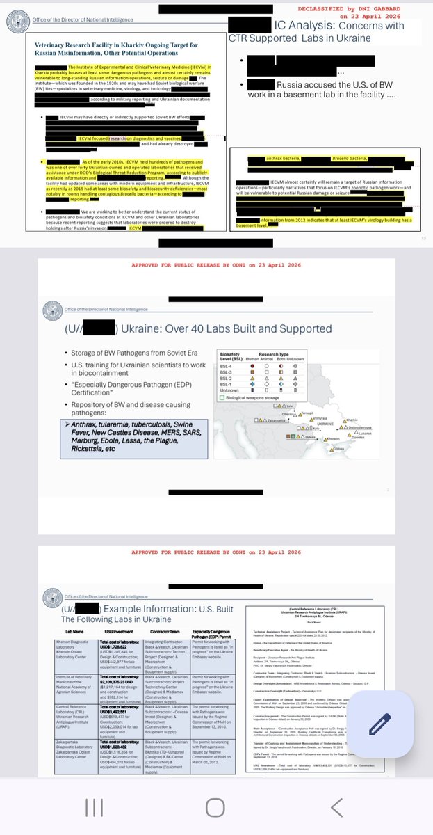 AnneliseBocquet's tweet photo. J'ai RT... mais deux choses :
1. Tulsi Gabbard a bien publié, les 12 et 18 juin 2026, des documents déclassifiés sur plus de 120 biolabs US financés dans plus de 30 pays (dont Ukraine), les liens avec Fauci, le gain-of-function à Wuhan, et les mensonges au Congrès.  
https://t.co/eO9tPnB7jE
Cf. Photos...

Mais je n'apprécie pas la vidéo dite "officielle" alors que générée par IA. C'est clairement un élément qui me met mal à l'aise... 
https://t.co/e74lWZ839E
Le style est beaucoup trop hollywoodien, la voix clonée, le compte source non actif.
https://t.co/tydX27XM7l

Je sais, je suis "complotiste"... case trés pratique pour y ranger ceux qui réfléchissent... et qui posent des questions dérangeantes. 
Perso, je ne fais pas confiance de façon aveugle.

2. On va reparler de Metabiota, Epstein... voui...
https://t.co/b0e3NfINTq
Liens Epstein/Broad Institute/Moderna/DARPA ?
Parce que le Broad Institute a collaboré avec Moderna sur des recherches génomiques/mRNA (séquençage, CRISPR, études variants COVID). C'est une collaboration académique classique (Broad travaille avec beaucoup de biotechs, dont Moderna pour COVID)...
Et John Mascola (NIAID), proche de Lander, a collaboré étroitement avec Moderna sur le vaccin COVID (stabilisation spike protein).
https://t.co/7trRu6MdLN…
(Encore un Nature 😏)
Et oui. Je ne fais pas de cherry-picking, je lis les articles de A à Z et certains éléments sont... troublants. 
Ah... Mascola et Ralph Baric ensembles !!! Dans Nature... 
Eric Lander, Anthony Fauci, Mascola dans un même article...
https://t.co/D1WBdsfJr8…
OK... ça percute ? 

3. Aaron Day a raison de pointer le timing et le manque d’"accountability" judiciaire rapide. C'est exact... il y a des obstacles judiciaires majeurs pour des poursuites fédérales simples (parjure), mais pas pour tout (crimes contre l’humanité, RICO, poursuites d’États, internationales, etc.). Beaucoup de gens soulignent que les preuves servent à la transparence et à l’histoire, même sans procès immédiat.

Fin... l'histoire... elle n'est pas terminée car il reste plusieurs questions à résoudre :
- un ou DES variants d'origine laborantine ?
- les effets biologiques de ce GoF ?
- comment k'on soigne ?
- y aurait-il pas un réseau plus sombre, mafieux ?

Maintenant, j'essaie de comprendre pourquoi... pourquoi aujourd'hui, là et maintenant ? Pourquoi une vidéo aussi "bizarre" ? Qui ?