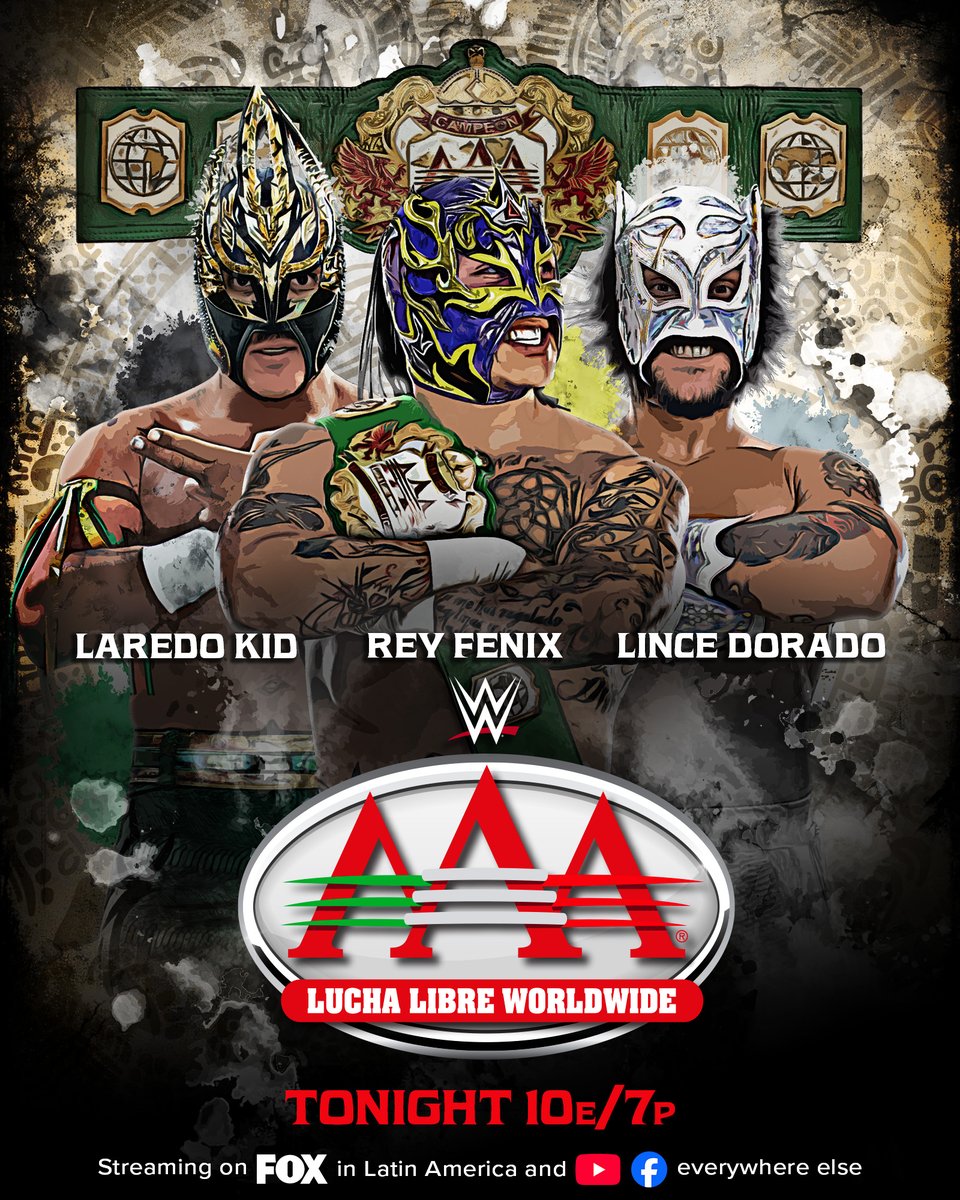 WWE's tweet photo. TONIGHT on AAA:

El Grande Americano returns to Mexico to celebrate his Mask vs. Mask victory ✌️😎🇲🇽

Rey Fenix puts his title on the line in a brutal Triple Threat Match against Laredo Kid and Lince Dorado 🙌😁🏅

El Ojo will be in action as new AAA Latin American Champion Hijo del Vikingo and Omos take on Hijo de Dr. Wagner Jr. and Mini Vikingo 💥👊

📺 8PM Mexico & Latin America on Fox and Fox One
🌎 10e/7p on Facebook & YouTube