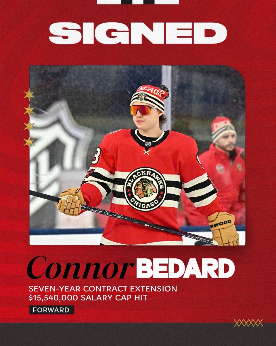 fronk_seravalli's tweet photo. Connor Bedard has just signed a $15.4m x 7 year extension, per the Chicago Blackhawks LinkedIn. https://t.co/0Lxo9pv5fB