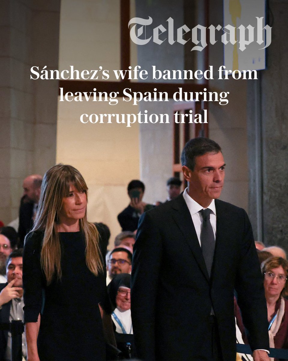 Telegraph's tweet photo. A judge has ordered Begoña Gómez, the wife of Pedro Sánchez, Spain’s prime minister, to surrender her passport and appear before the court twice a month until a verdict is reached

🔗: https://t.co/NkdDpVBtjC https://t.co/ce0JYCU9IL