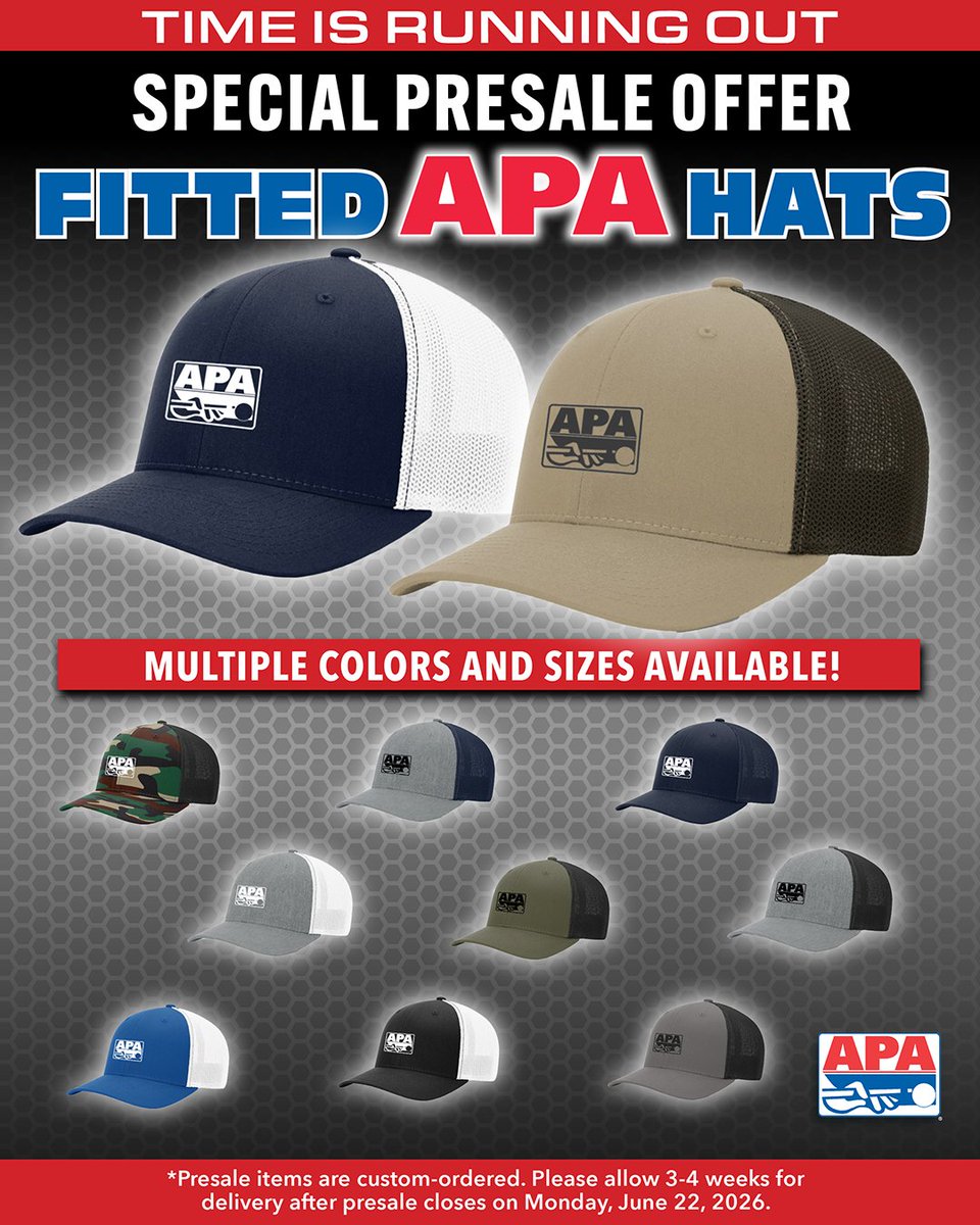 poolplayers's tweet photo. β³ Time is running out!
Don't miss your chance to order one of our new APA fitted hats. With multiple colors and sizes available, there's a perfect fit for every poolplayer. #apapool #poolplayer
π§’ Presale closes June 22.
Get yours before it's too late: https://t.co/8GSebfHlTQ https://t.co/hI4WFFLZtr
