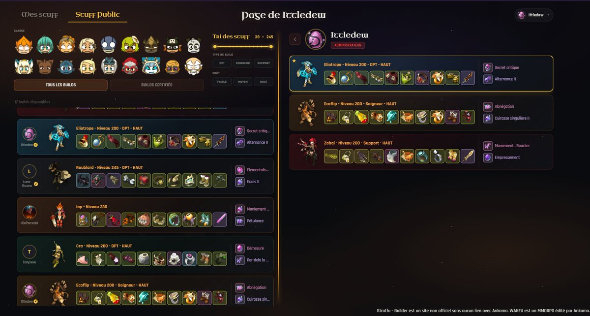 IttleDeew's tweet photo. Les builds public et compte "Certifié" sont dispo sur #stratfu builder !
Ils sont mit à la main selon si je sais que les personnes sont sérieuse ou pas.  

Les "Certifié" peuvent choisir leurs propre avatar, et ils pourront bientôt mettre en avant leurs Réseaux si ils sont streameur/youtubeur. 

Egalement via un clic droit => Peuvent mettre en avant un build spécifique. Ils ont un onglet dédié où ils sont aléatoirement mit en avant avec leurs builds favoris (Ou par défaut le dernier construit avec au moins 10 items)

Une façon de mettre en avant les créateurs qui vont utiliser l'outils, et pouvoir partager tout ça avec leurs commu ! (Et biensur, ce sera bientôt lié à discord et pouvoir poster sur les différents discord de chacun)

Si vous pouvez RT un max pour offrir de la visibilité, que d'autre créateur puisse le voir et qu'on les aides à se mette en avant ! <3 

#wakfu #builder #communautaire #wakfu #stratfu #ratio #toutcasser