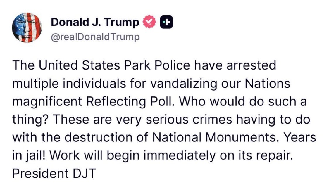 Cashloren's tweet photo. President Trump says the leftist lunatics who vandalize our nation's magnificent Reflecting Pool will spend YEARS IN PRISON! Good! https://t.co/K1wlFz3OXS