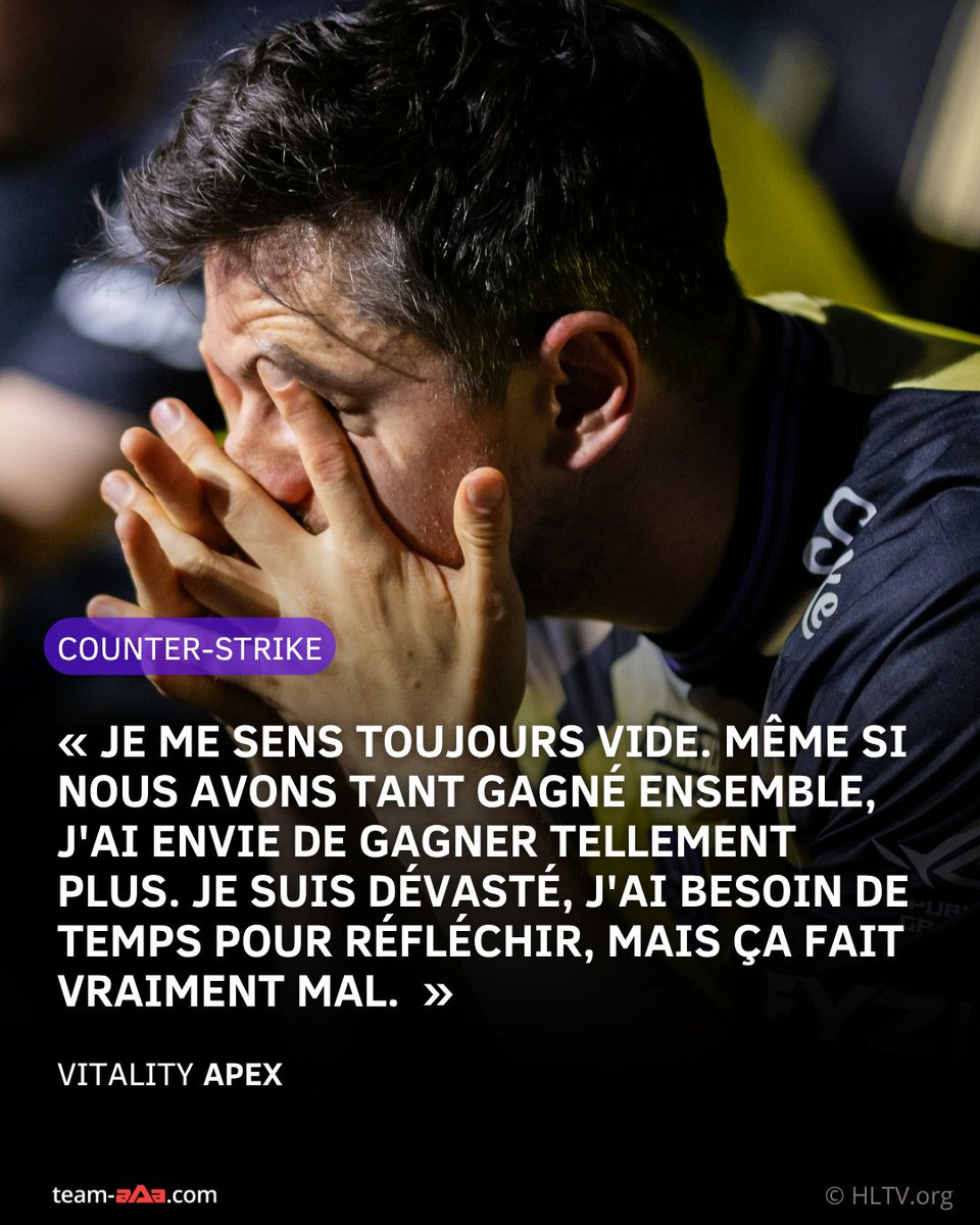 aAaGaming's tweet photo. 🇫🇷 Le Capitaine apEX accuse le coup après la défaite de Vitality en quarts du Major vs Falcons. 

🗣️ Sur X, il confie : « Je me sens toujours vide. Même si nous avons tant gagné ensemble, j'ai envie de gagner tellement plus. Je suis dévasté, j'ai besoin de temps pour réfléchir, mais ça fait vraiment mal. Merci à tous les fans qui ont fait le déplacement et à ceux restés à la maison pour nous soutenir quoi qu'il arrive. Pour ne rien vous cacher, on en a bien besoin en ce moment. »

🐝 Il en a profité pour remercier les supporters : « Je voulais faire un petit post pour vous les Golden Hornets. Je suis dévasté de pas pouvoir vous offrir cette victoire, j’espère qu’elle arrivera à l'EWC. Merci encore de faire ce que vous faites, vous me donnez toujours la chair de poule et énormément d’émotions. Nous allons pouvoir fêter une nouvelle victoire ensemble bientôt, je vous le promets. »

🗓️ Malgré la déception, l'année est loin d'être terminée : lu 12 au 23 août, la formation s'envolera pour Paris pour prendre part à l'EWC.

📰 @Vitality_apEX