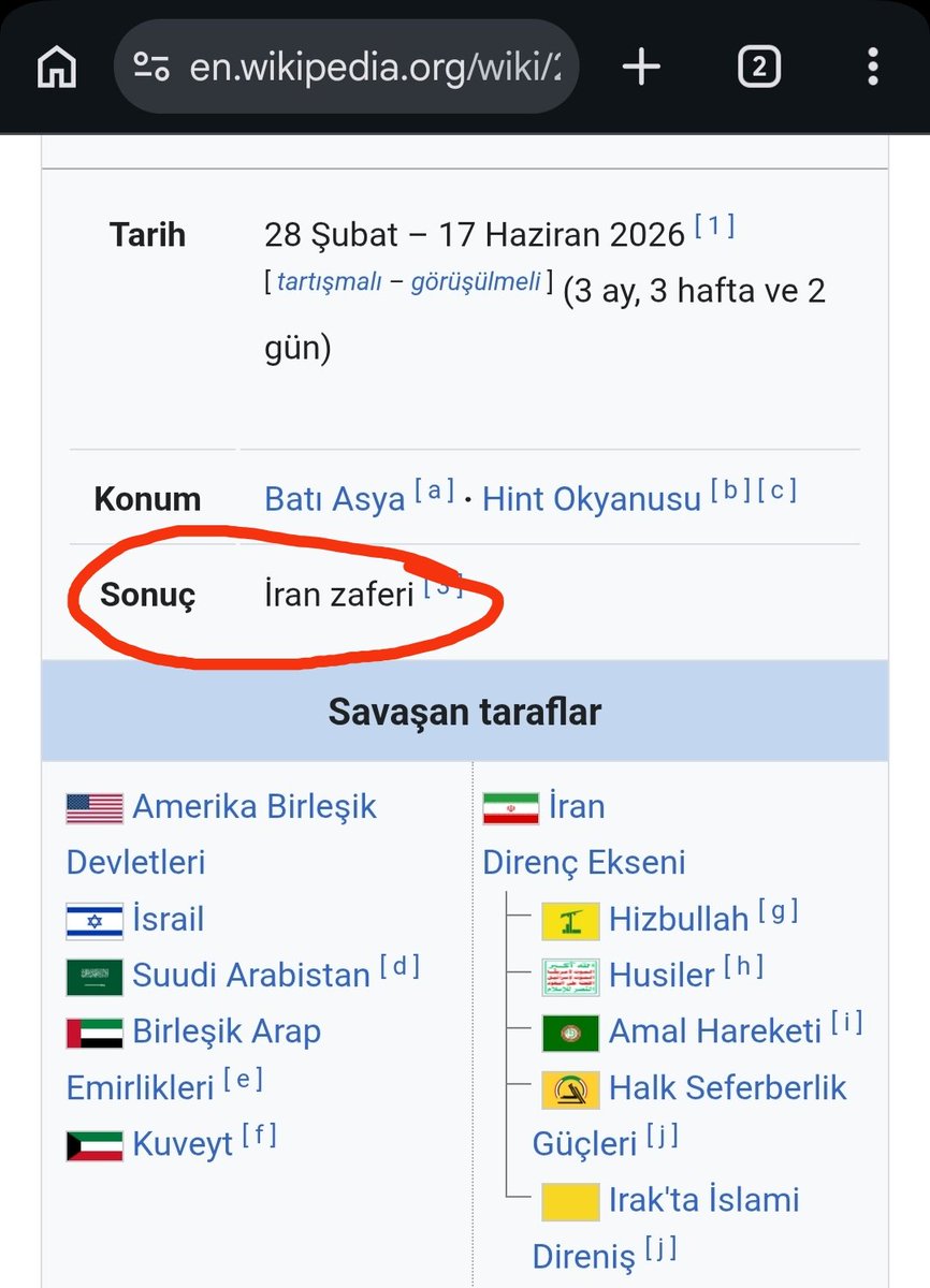 pervane2's tweet photo. Dünyanın en büyük dijital ansiklopedisi #Wikipedia'ya göre #ABD #İran savaşının galibi...
https://t.co/voWFK9OwZr https://t.co/TZf3Ua3KwC