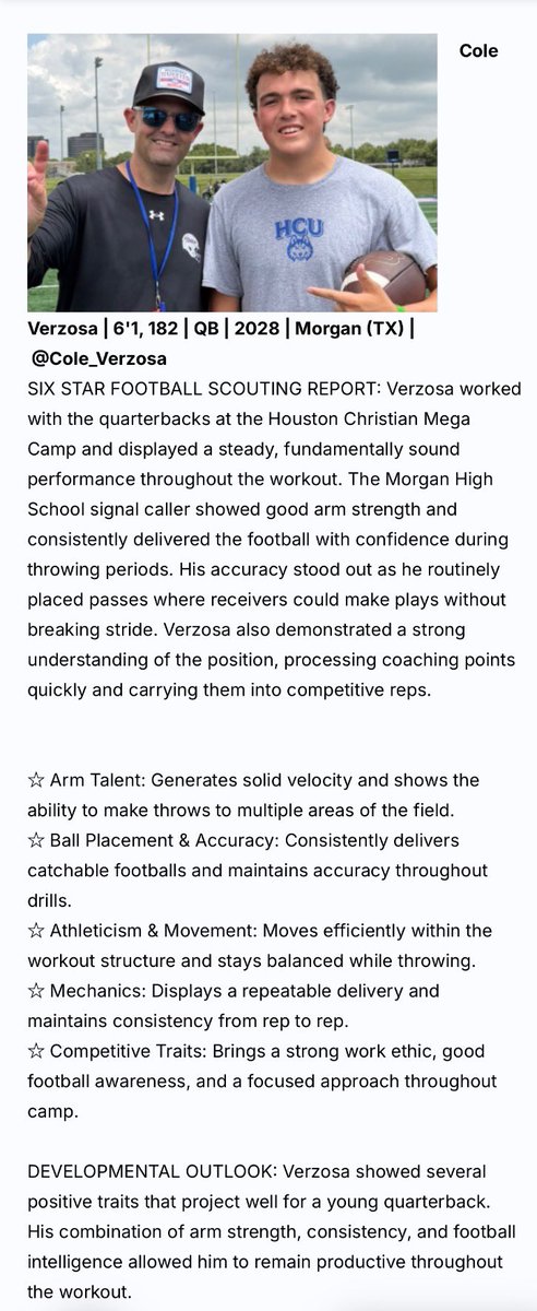 Cole_Verzosa's tweet photo. Thank you @sixstarfootball for another great write up on the @HCUFootball showcase. Grateful for the exposure and excited to keep working with my coaches and @HCPS_MorganHS teammates. #BuiltToLeadBornToWin #MustangPride @coachMarlo36 @MyersM3 @QBcoach1 @CJBennett_08 https://t.co/ep614XmwZS
