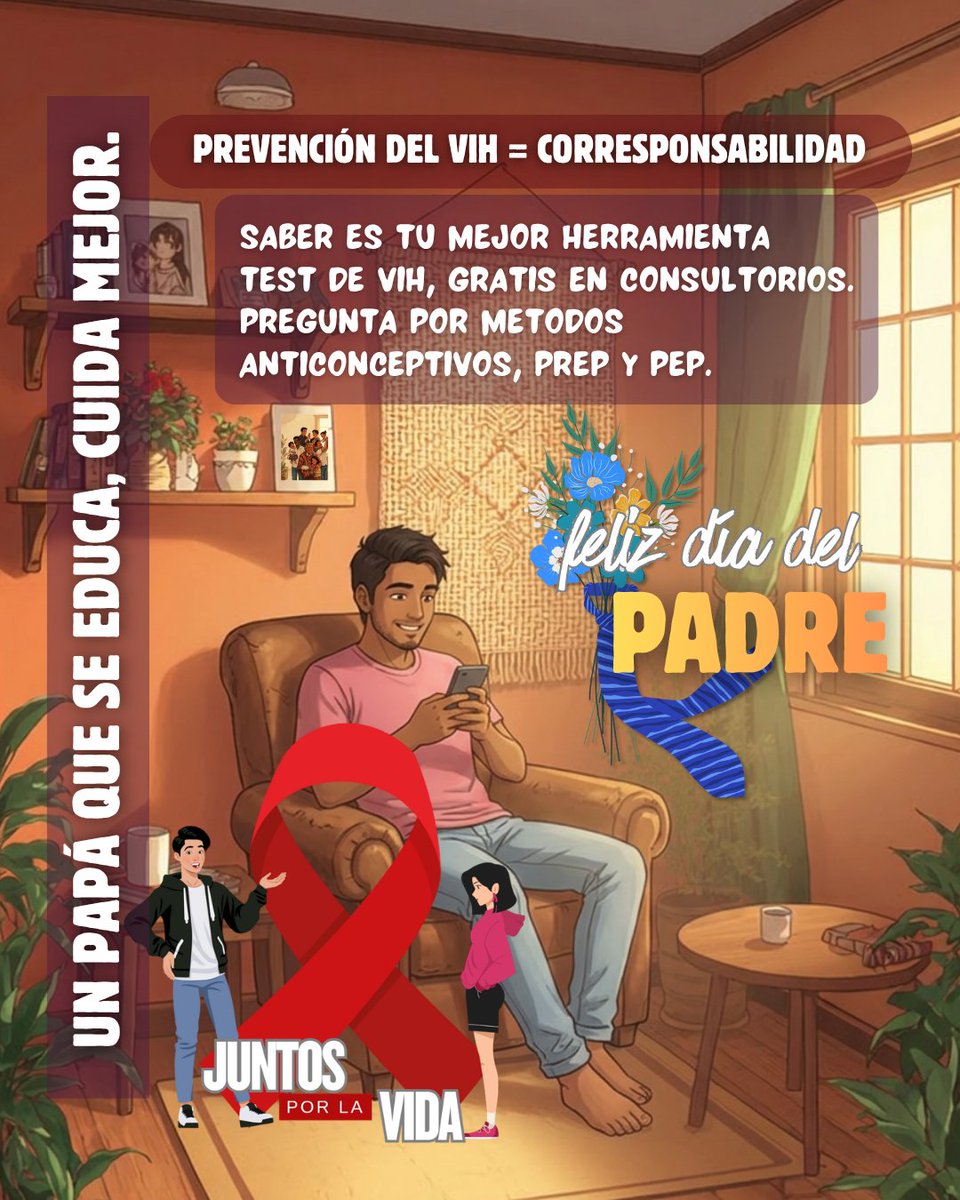JuntosporlaVida's tweet photo. 👨‍🏫Educarse sobre VIH, hacerse el test y usar preservativo es corresponsabilidad. 
🇨🇱En Chile el test es gratis, confidencial y rápido en cualquier Cesfam. Sin orden médica.
👨‍💻Papá, infórmate. Pregunta. Educate.
 #DíaDelPadre #Corresponsabilidad #PrevenciónVIH #HazteElTest https://t.co/ziioSEV5RV