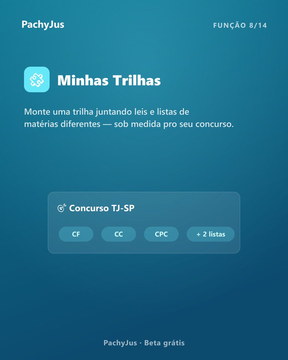 pachyjus's tweet photo. Ferramentas completas de produtividade para blindar a sua rotina até o dia da prova:

✅ Listas de Estudo: Sequências prontas com as pegadinhas mais cobradas. 

🧩 Minhas Trilhas: Monte jornadas personalizadas sob medida pro seu concurso. 

📅 Agenda de Estudos: Ciclos de até 6 semanas organizados por cores. 

🎯 Meta Diária & Ofensiva: Defina seu ritmo e mantenha o streak ativo. (4/5)