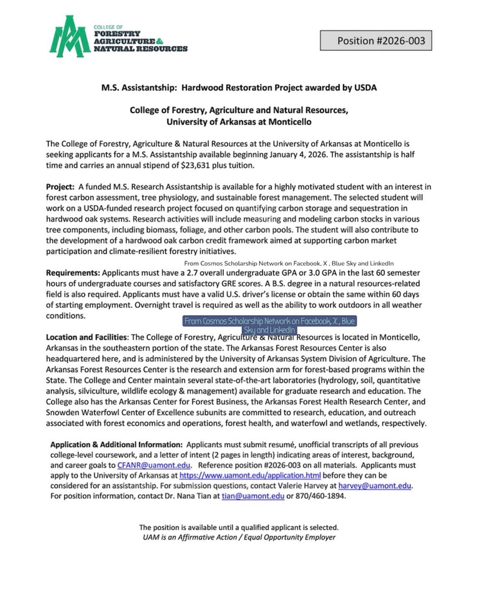 ObengCosmos's tweet photo. M.S. Assistantship: Hardwood Restoration Project awarded by USDA
College of Forestry, Agriculture and Natural Resources,
University of Arkansas at Monticello https://t.co/dgC5xb7P8L