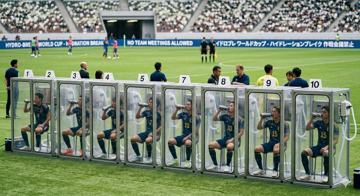 TANAPST's tweet photo. #FIFAワールドカップ のハイドレーションブレイクは本来選手の水分補給を行うための時間やけど

実際は作戦会議も行える休憩になって本来の趣旨から逸脱してる感がある

​今後、選手一人ひとりがカプセル��で個別に水分補給を行うとかあるかもな🙃 https://t.co/zRUn8AcFSy