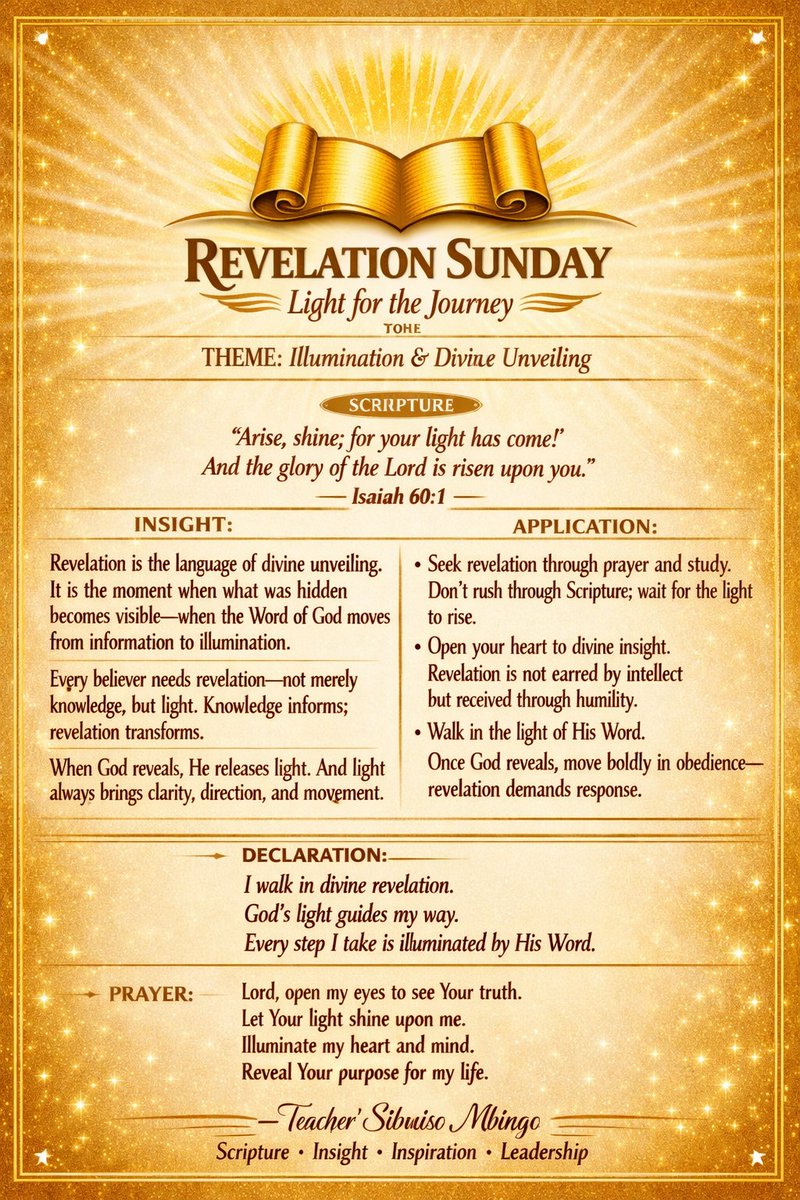 smbingo's tweet photo. ✨ Revelation Sunday — Light for the Journey 
Arise and shine! The Lord’s glory brings illumination and divine unveiling.
 📖 Isaiah 60:1 
— Teacher Sibusiso Mbingo
👉 Join the Channel: https://t.co/71dGeWQFdr https://t.co/MgyD19qwK0