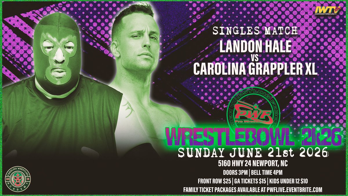 PWFLive's tweet photo. ‼️DOUBLE MATCH ANNOUNCEMENT‼️

Two more matches has been added to #WrestleBowl2K26 tomorrow night!

First, two of PWF’s hosses collide tomorrow night when JAC takes on Kaitlyn Marie and while both are looking to get back into title contention, JAC for the Oceanic and Kaitlyn Marie for the PWF Title, only one can come out on top!

Next, in a rematch from March, Carolina Grappler XL will once again go head to head with Landon Hale, and to ensure a undisputed winner after Landon Hales victory via count out in their last encounter, PWF Officials have decided this will be a FALLS COUNT ANYWHERE MATCH!!!!!

Plus even more matches featuring Cam Isaac, The House That Jak Built (Jak Tatum, CC Young, and Jared Martin), Kairo Cortez, Justin Kindred-Allen, and more!

This show will be streamed LIVE on IWTV, but the best way to experience PWF is in person!

Online tickets are already on sale now!

We ran out of chairs at Unsanctioned III, so be sure to reserve your seat as soon as possible!

🤼‍♀️ WrestleBowl 2K26
📅 Sunday, June 21st
📍 Carolina Wrestling Academy- 5160 Hwy 24, Newport, NC

🚪 Doors: 3pm 
🔔 Bell Time: 4pm